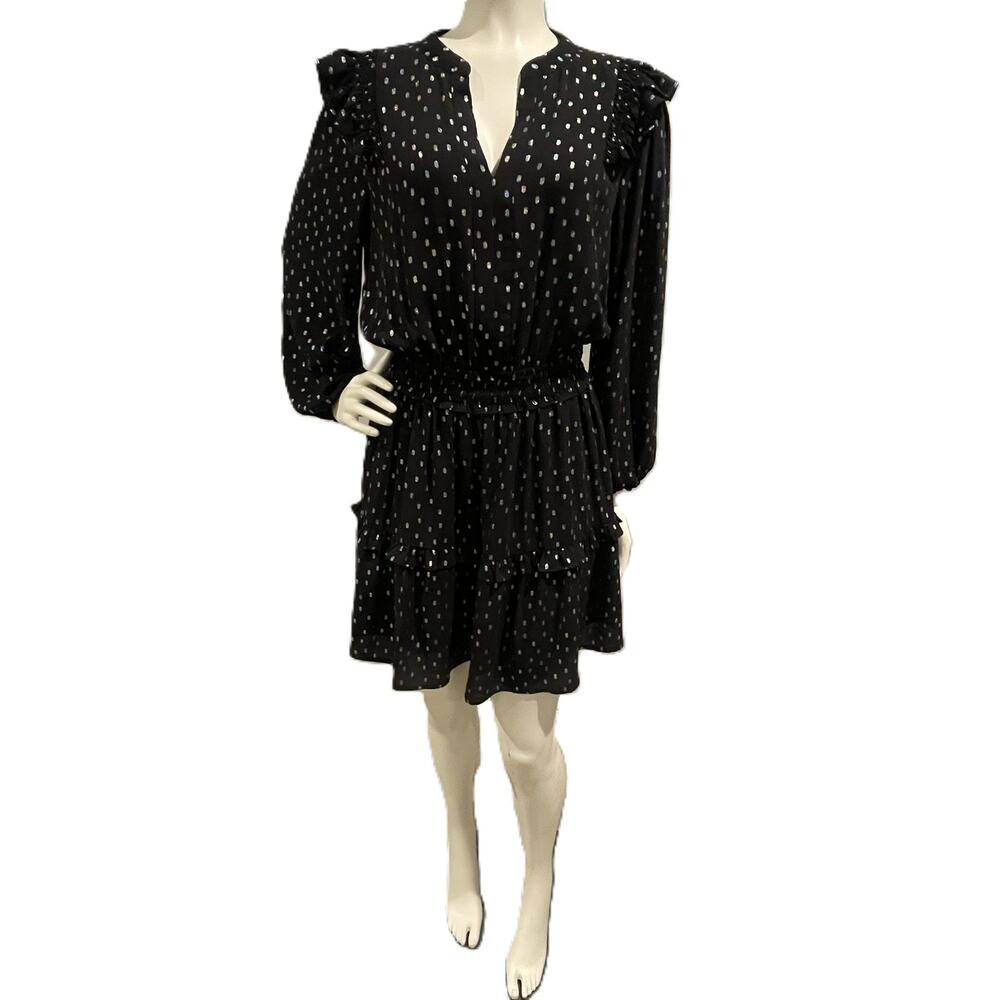 Anthropologie Current Air Black Iridescent Dot Ruffled Mini Dress Size XS